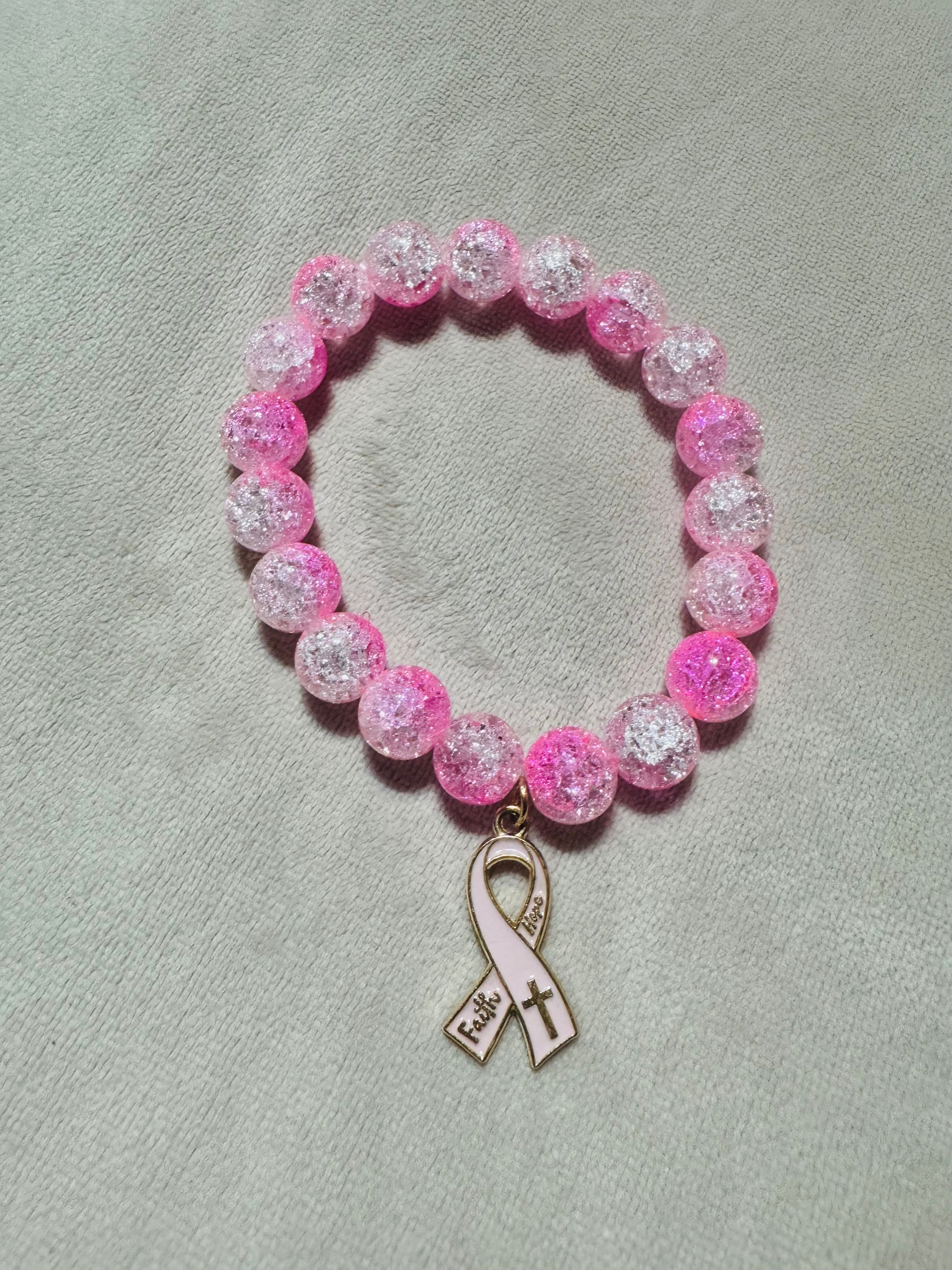 Beaded Glass Breast Cancer Bracelets with Charm