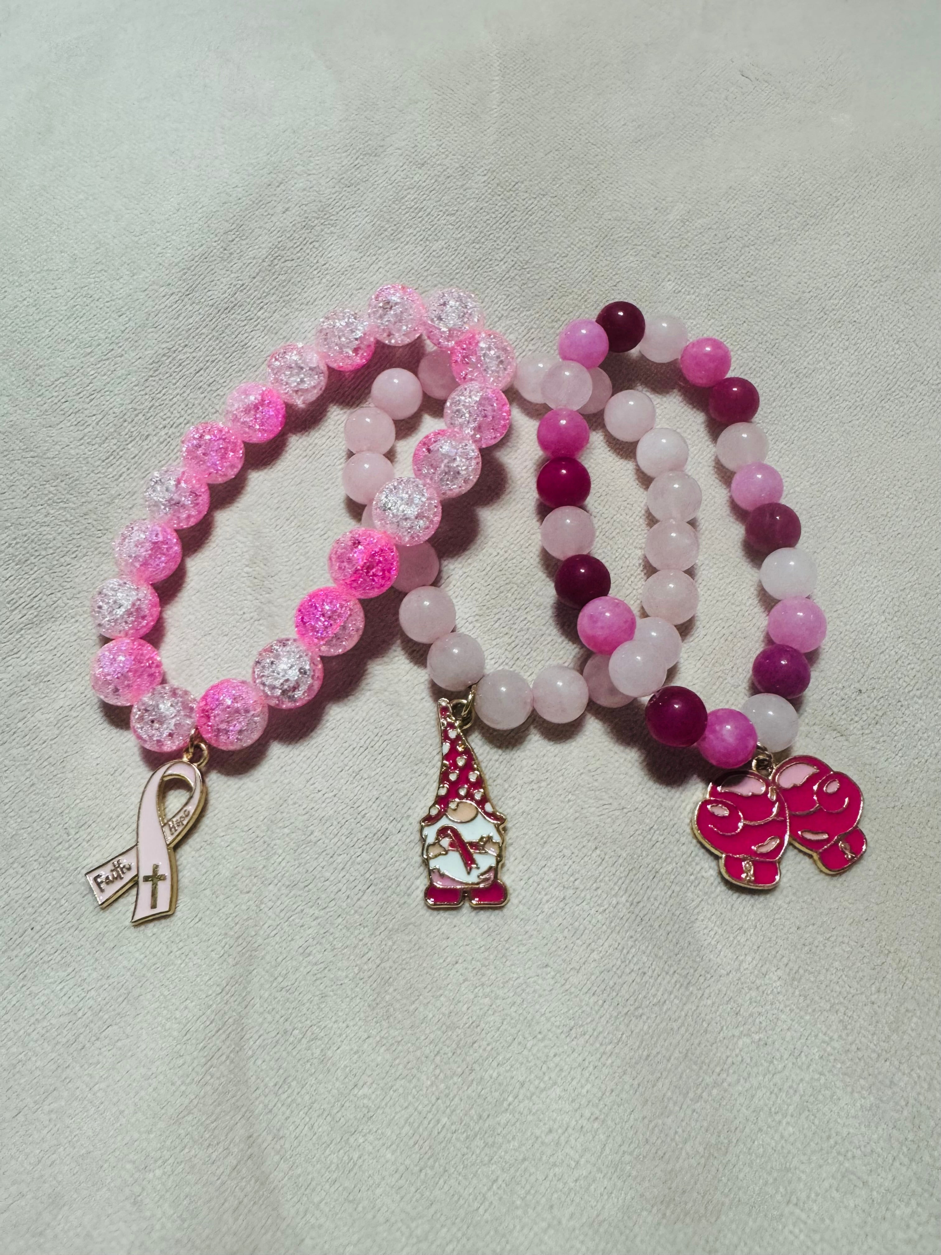 Beaded Glass Breast Cancer Bracelets with Charm