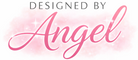 Text 'Designed by Angel' with a pink watercolor background on a white background