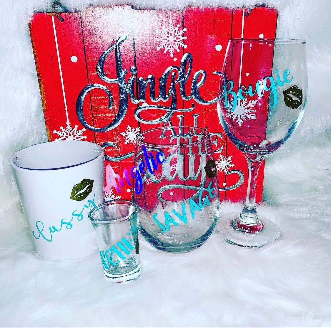 Personalized Wine glasses , Shot glass, and Coffee Mug Set